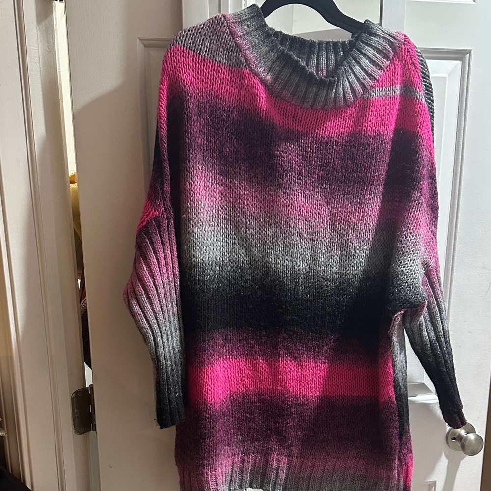 Vibrant Pink and Gray Women's Turtleneck Sweater